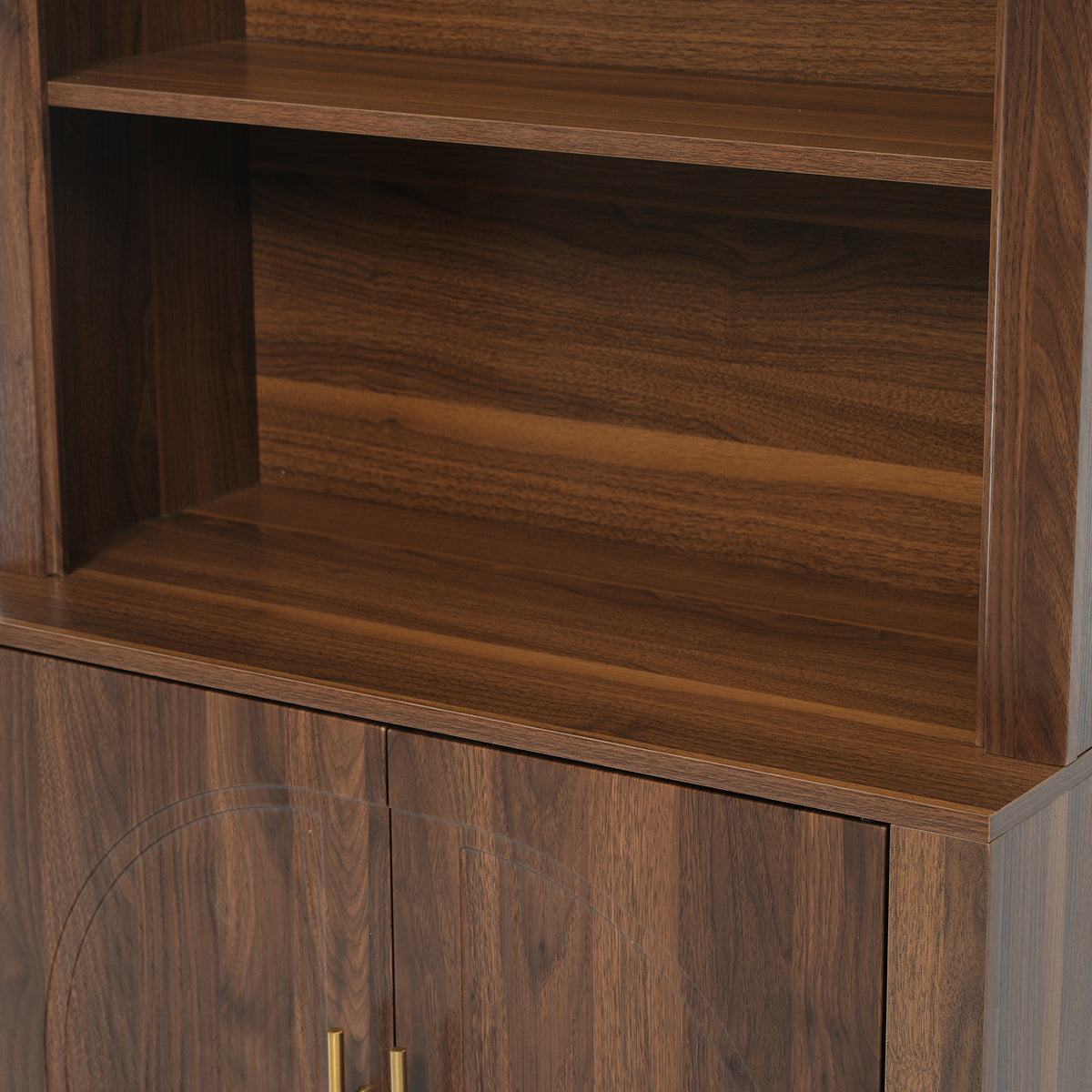 Walnut Arched Bookcase with Storage Cabinet and Open Display Shelves - Elirian