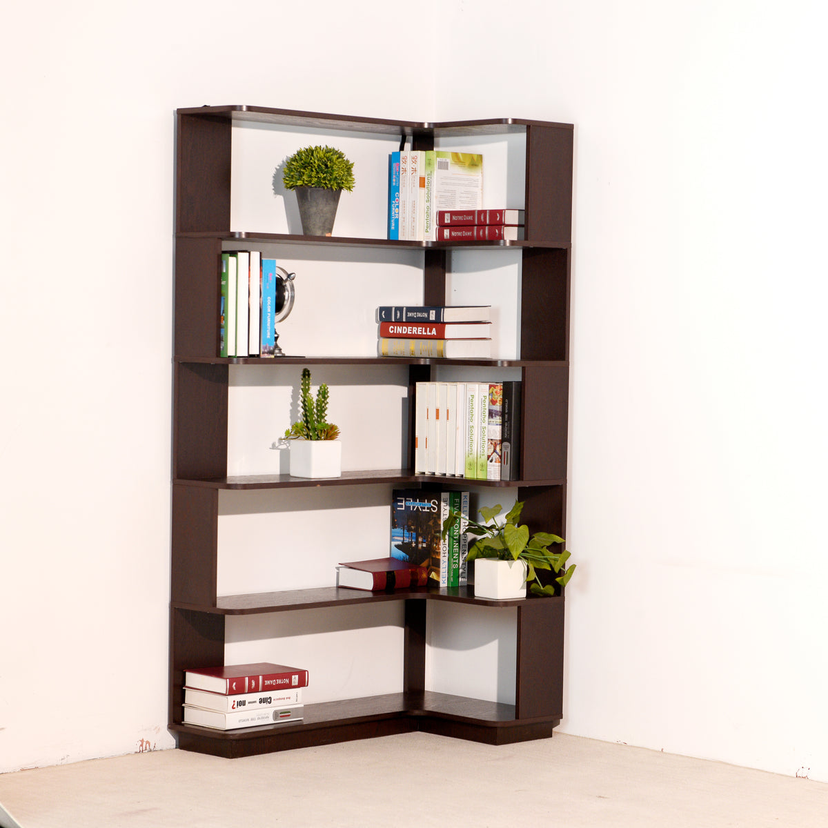 Freestanding Corner Bookshelf in Ox Blood Red with Open Display Shelves - Elirian