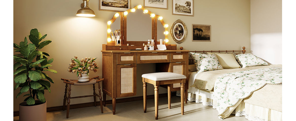 Hollywood Vanity Desk & Stool Set with Tri-Fold Mirror, Espresso - Elirian