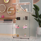 White tempered glass display cabinet with LED lighting, lockable doors, and adjustable shelves - Elirian