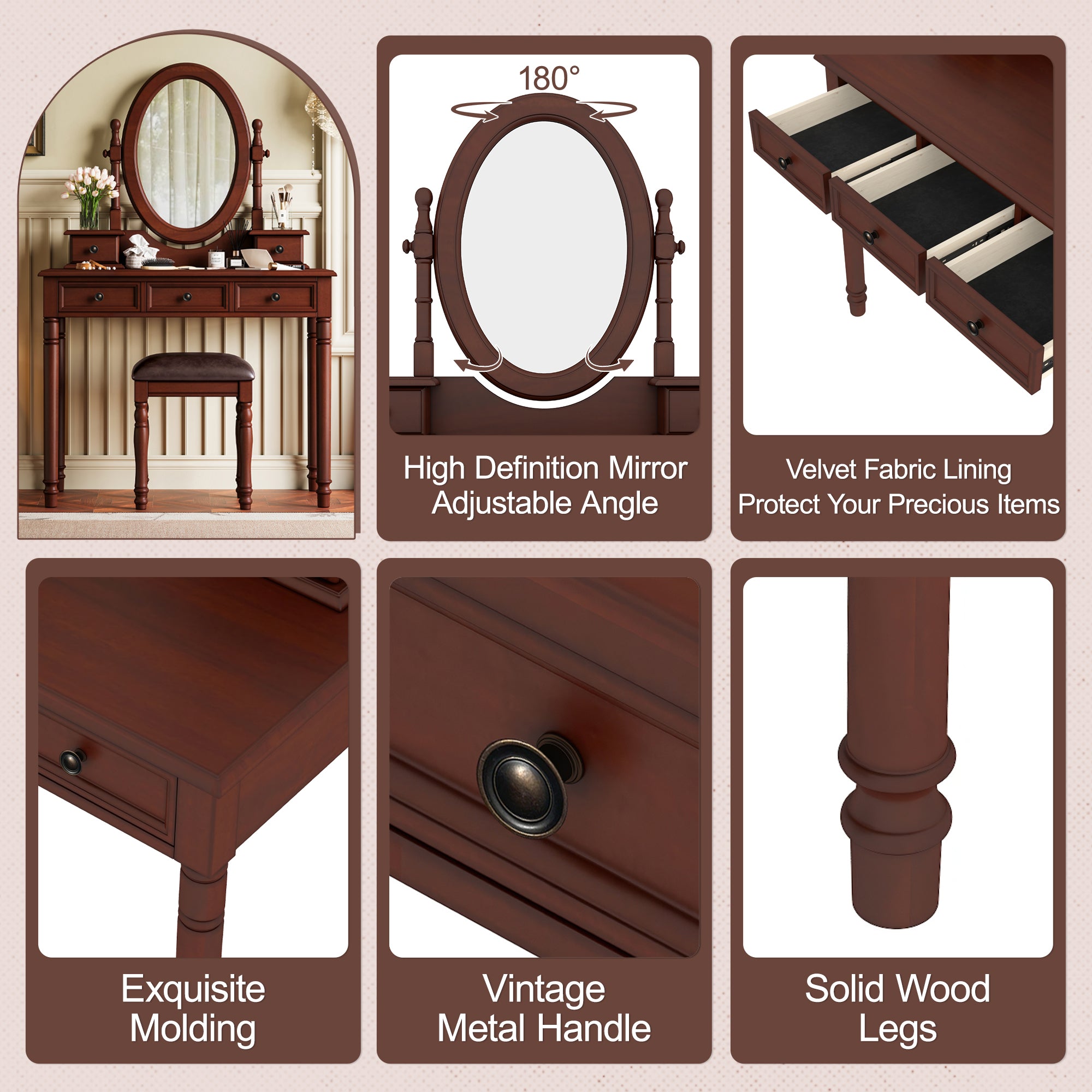 Vintage Walnut Vanity Desk Set with Adjustable Mirror & Velvet-Lined Drawers - Elirian