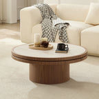 Sintered Stone Round Coffee Table with Walnut Pedestal Base - Elirian