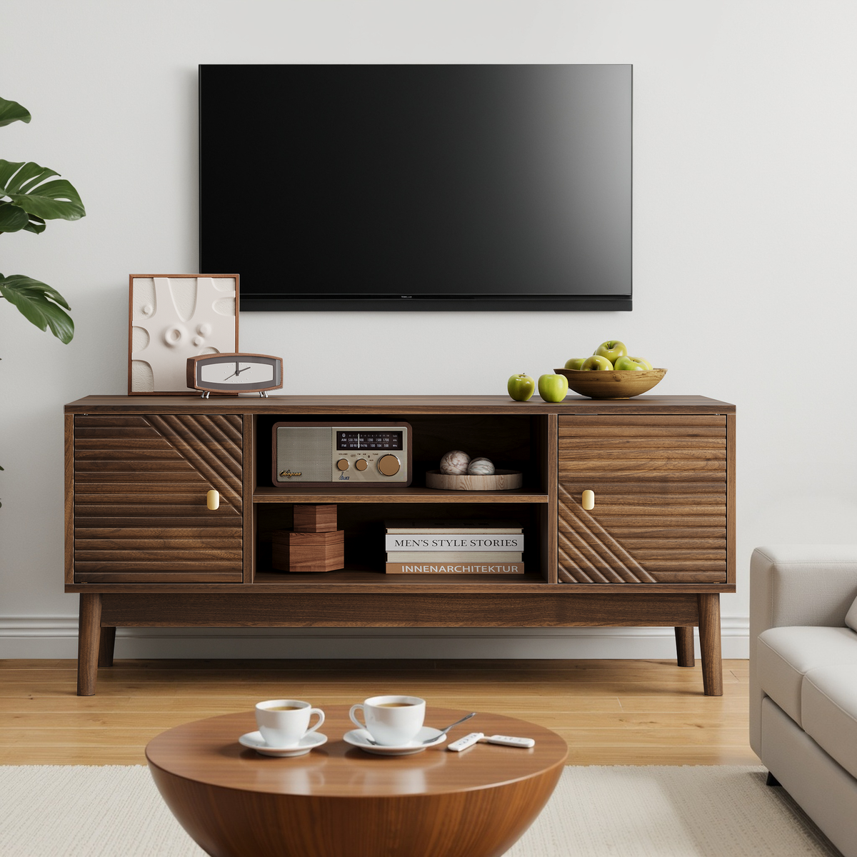 Mid-century walnut TV stand with geometric grille doors and open shelving storage - Elirian