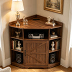 Walnut Corner Storage Cabinet with Charging Station and 6 Cubbies - Elirian