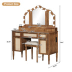 Hollywood Vanity Desk & Stool Set with Tri-Fold Mirror, Espresso - Elirian