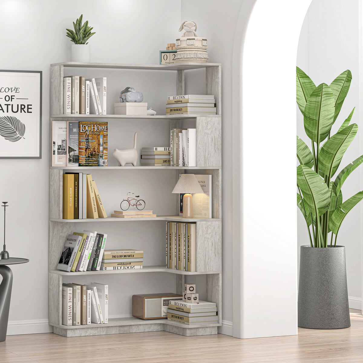 Light gray corner bookshelf with books and décor accessories in modern home interior - Elirian