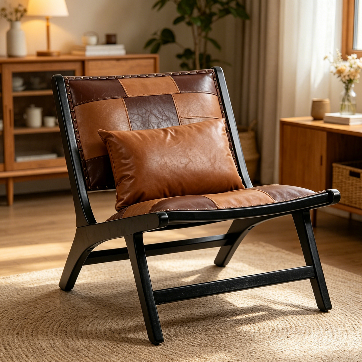 Mid-Century Antique Brown Leather Accent Chair with Solid Wood Frame - Elirian