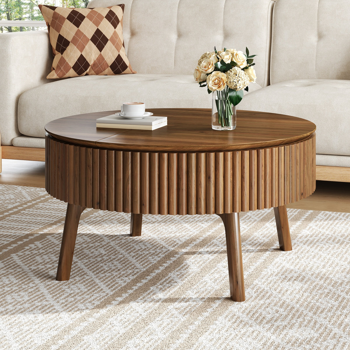 Walnut Round Lift-Top Coffee Table with Fluted Base - Elirian