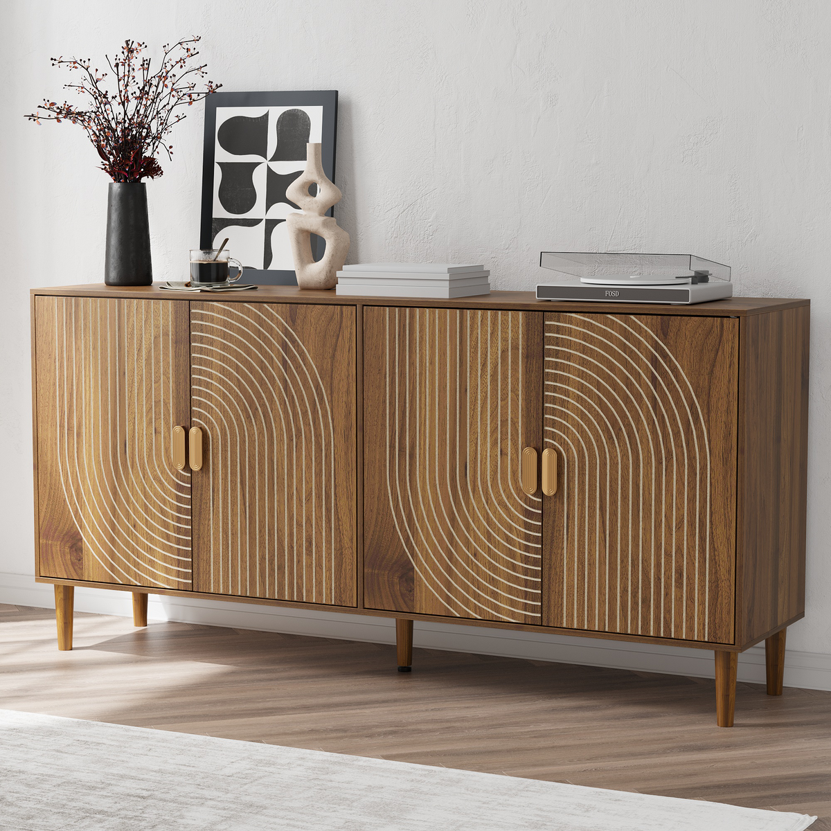 62.6-Inch Walnut Sideboard with Grooved 4-Door Storage - Elirian