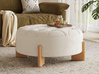 Round Tufted Chenille Ottoman with Solid Wood Legs, Beige - Elirian