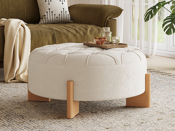 Round Tufted Chenille Ottoman with Solid Wood Legs, Beige - Elirian