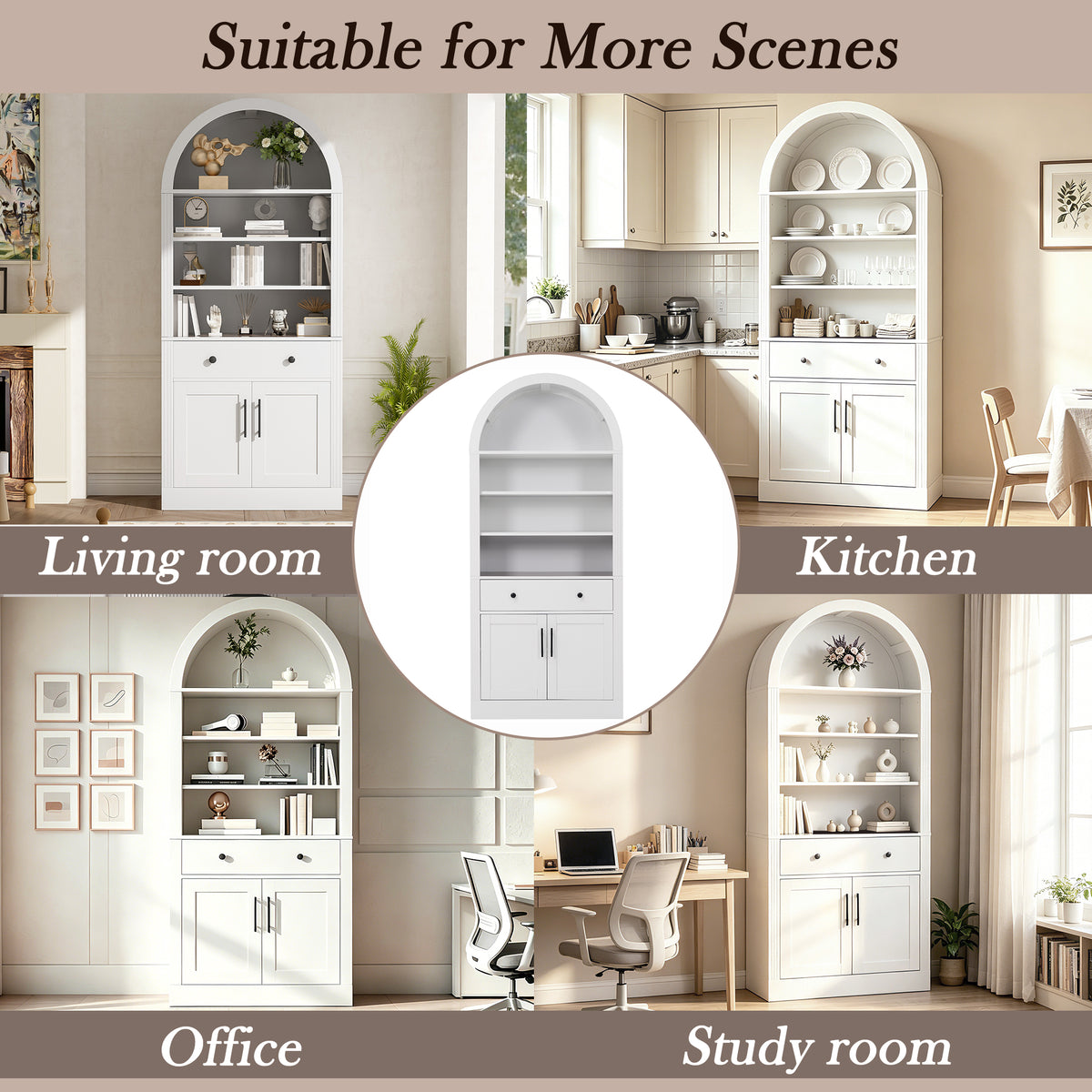 Arched White Bookshelf with Storage Cabinet and Adjustable Shelves - Elirian