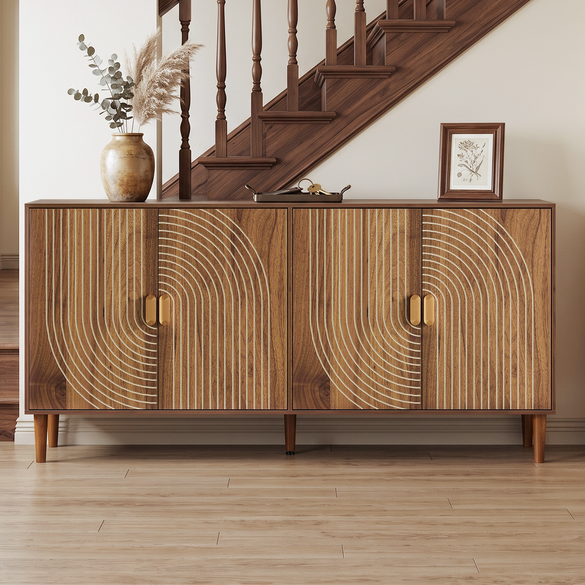 62.6-Inch Walnut Sideboard with Grooved 4-Door Storage - Elirian