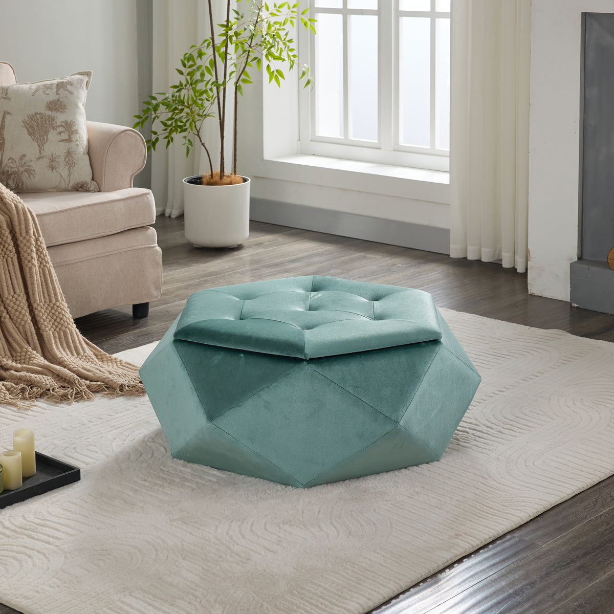 Velvet Diamond Tufted Storage Ottoman in Green - Elirian