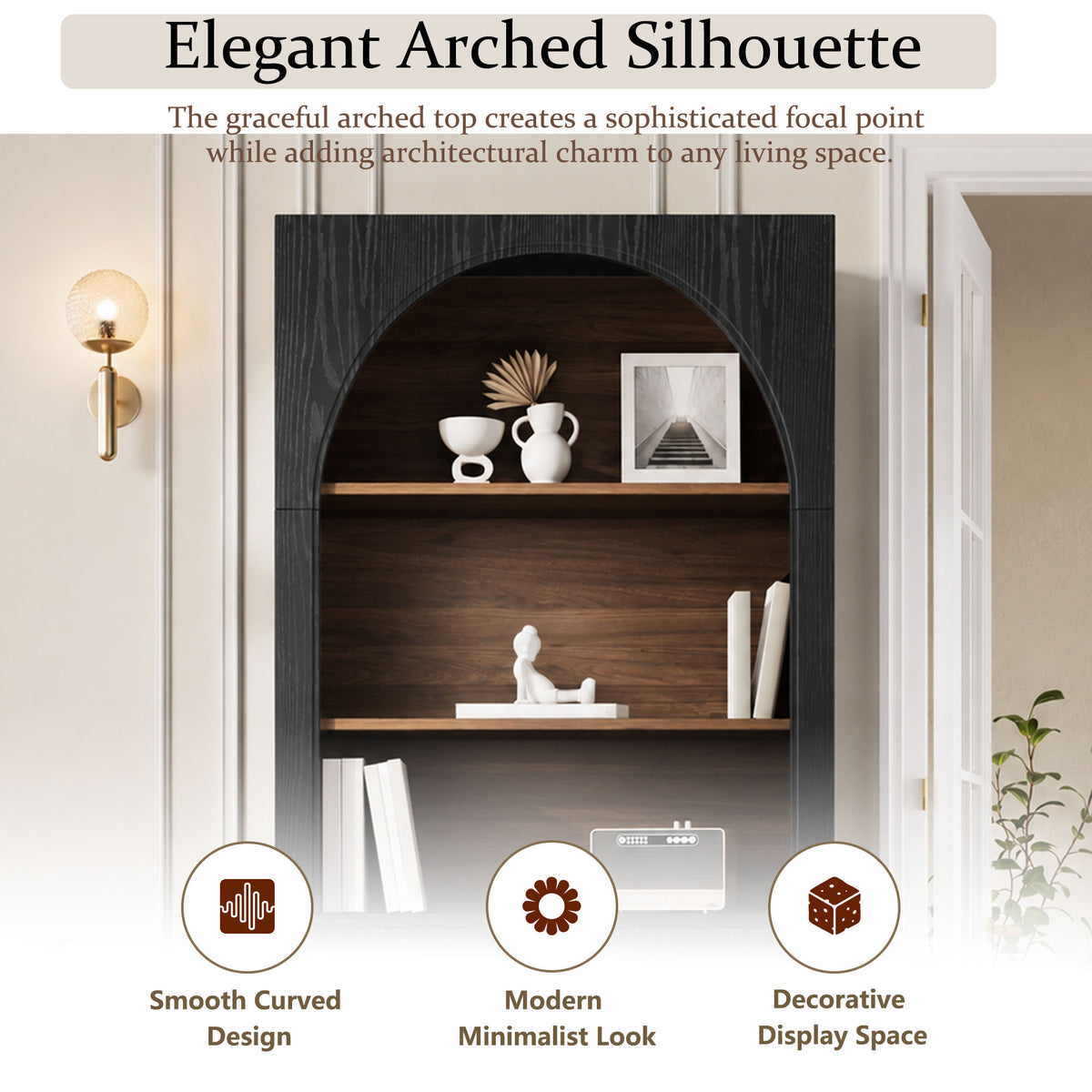 Black Arched Bookcase with Storage Cabinet and Open Display Shelves - Elirian