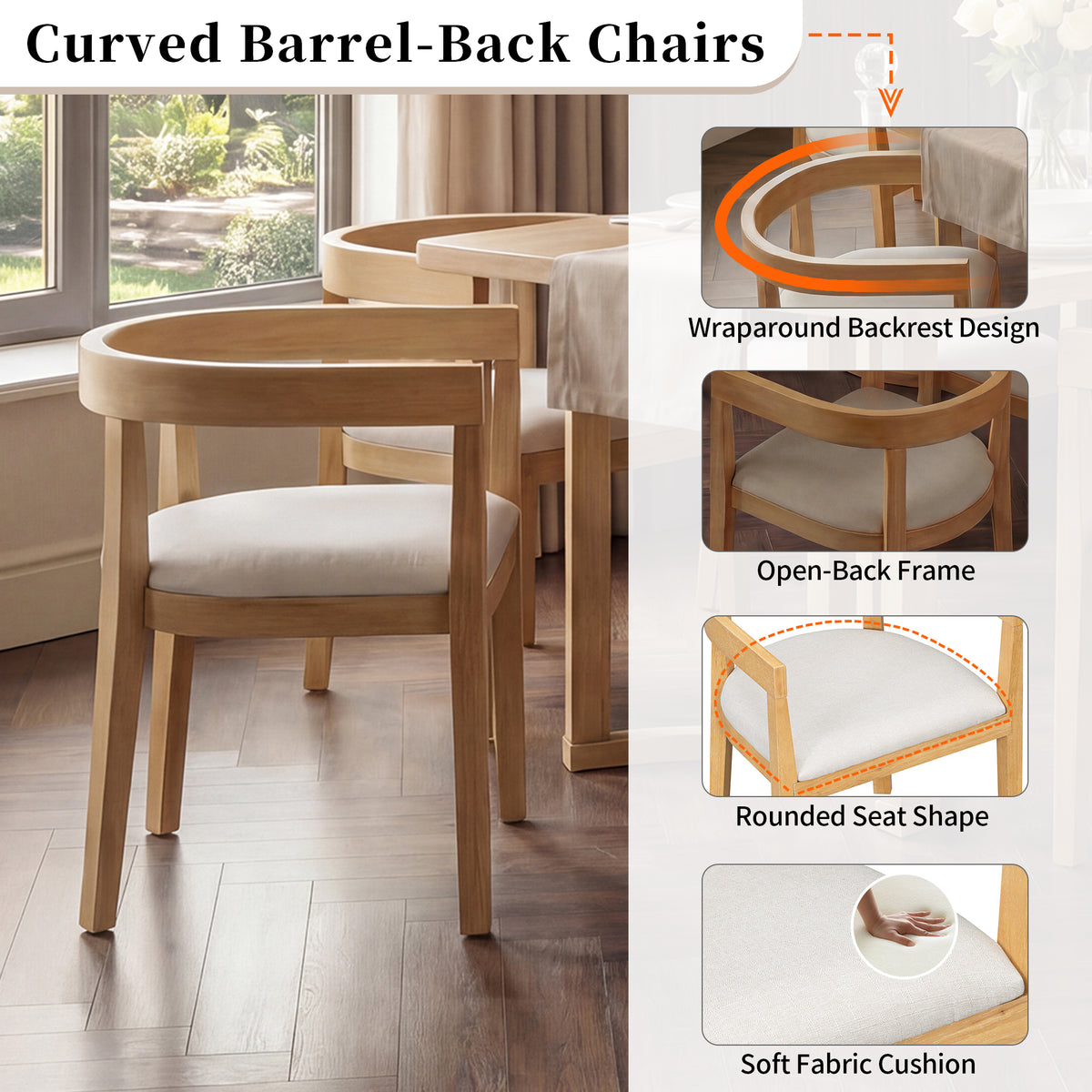 Curved Back Upholstered Dining Chairs with Solid Wood Frame, Set of 2 (Natural) - Elirian
