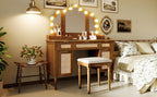 Hollywood Vanity Desk & Stool Set with Tri-Fold Mirror, Espresso - Elirian