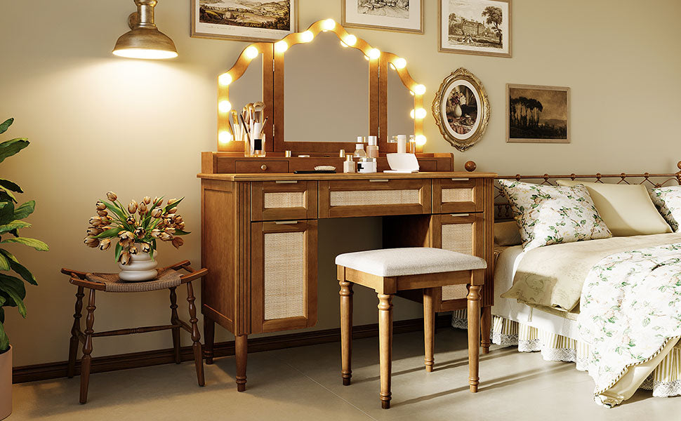 Hollywood Vanity Desk & Stool Set with Tri-Fold Mirror, Espresso - Elirian