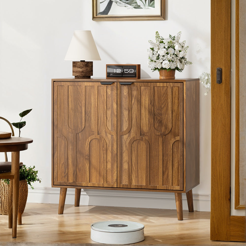 Farmhouse Walnut Sideboard Buffet Cabinet with Slatted Doors, 31.5" W - Elirian