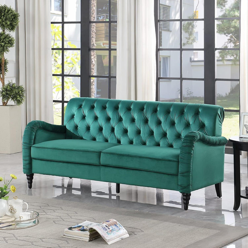 Mid-Century Dark Green Chesterfield 3-Seater Sofa in Tufted Button Des ...