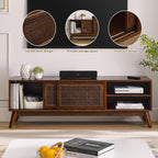 Mid-century modern walnut TV stand with rattan cabinet doors and open shelving storage - Elirian