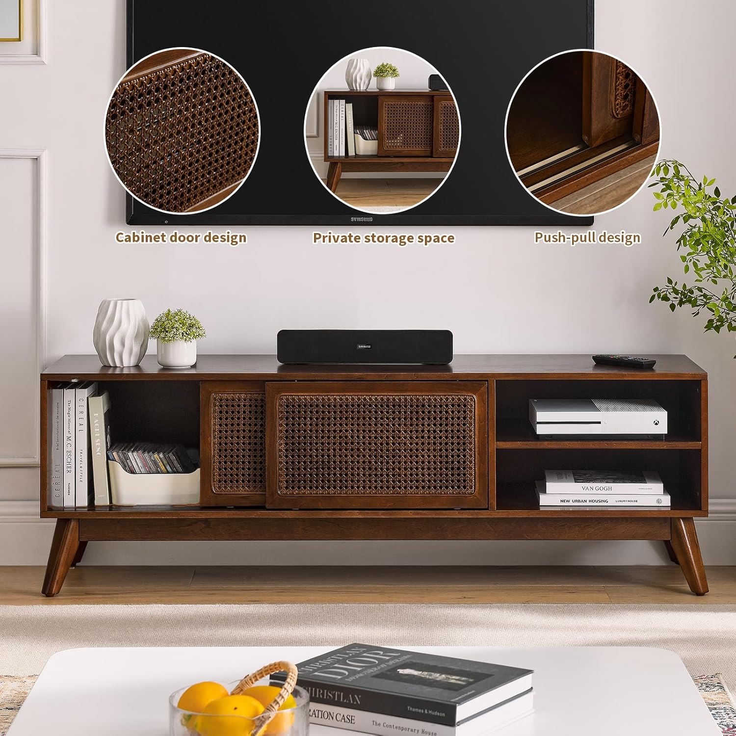 Mid-century modern walnut TV stand with rattan cabinet doors and open shelving storage - Elirian