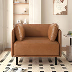 Vintage brown faux leather lounge chair with wooden arms and steel legs - Elirian