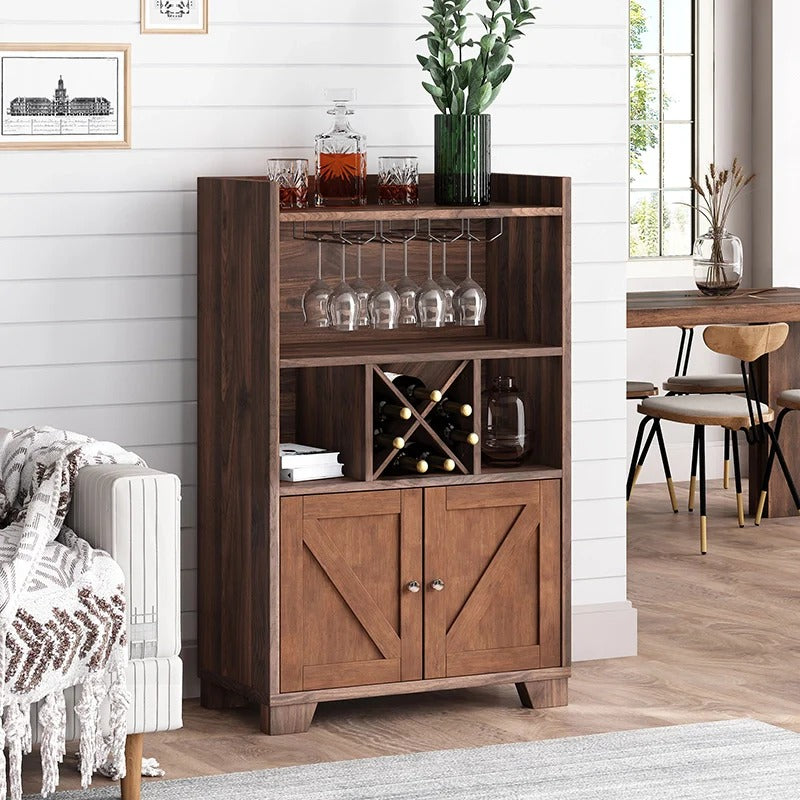 Farmhouse Wooden Wine Cabinet with X-Shaped Rack & Glass Holder Storage
