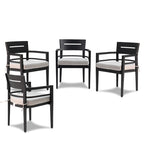Four black aluminum outdoor dining chairs with cushioned seats arranged in display - Elirian