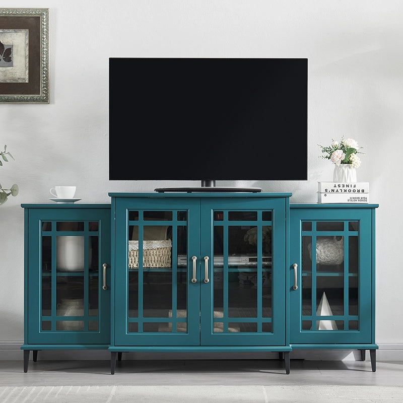 Modern Wooden Teal Blue TV Console with Glass Doors & Adjustable Shelves