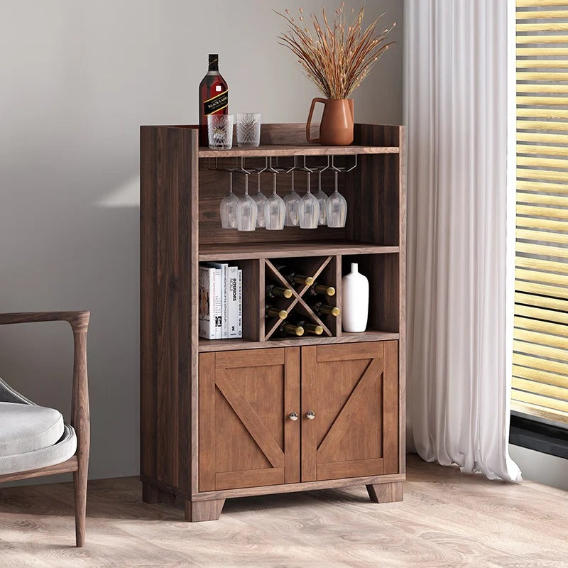 Farmhouse Wooden Wine Cabinet with X-Shaped Rack & Glass Holder Storage