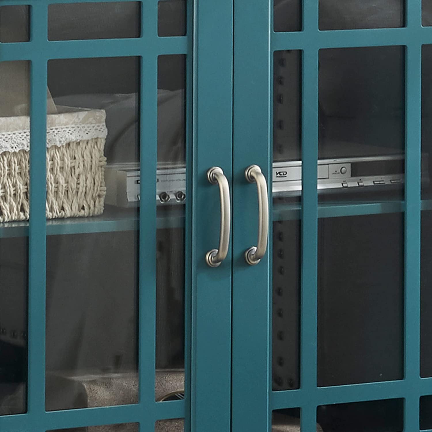 Modernes, petrolblaues TV-Möbel aus Holz mit Glastüren und verstellbaren Einlegeböden