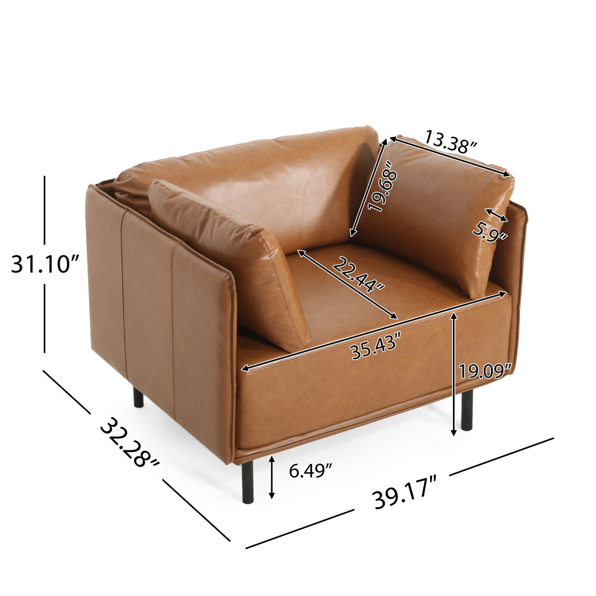 Vintage brown faux leather lounge chair with metal legs and dimensions - Elirian