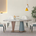 Table de salle à manger rectangulaire en pierre frittée avec pied central conique champagne et bleu