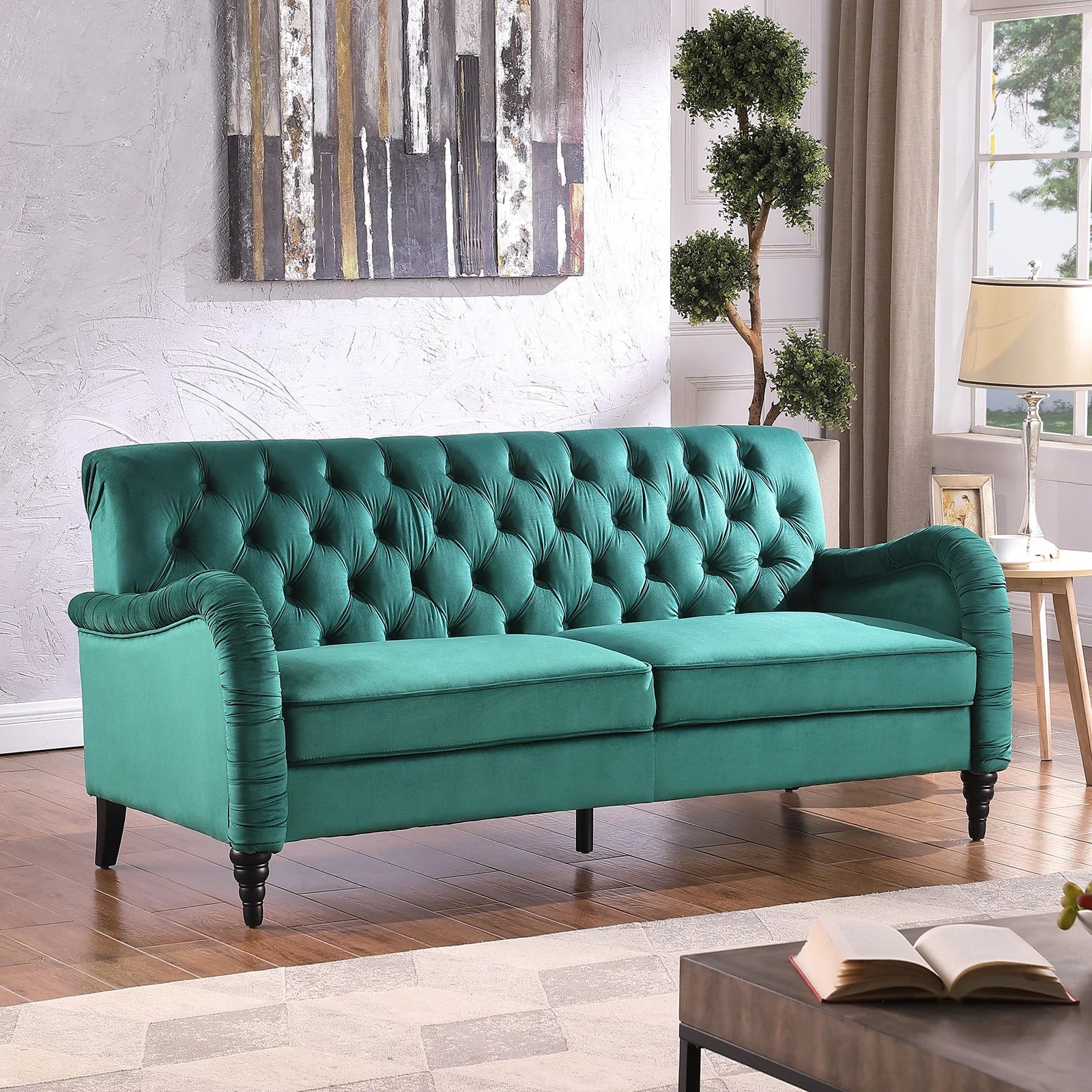 Canapé Chesterfield 3 places vert foncé, style Mid-Century, capitonné