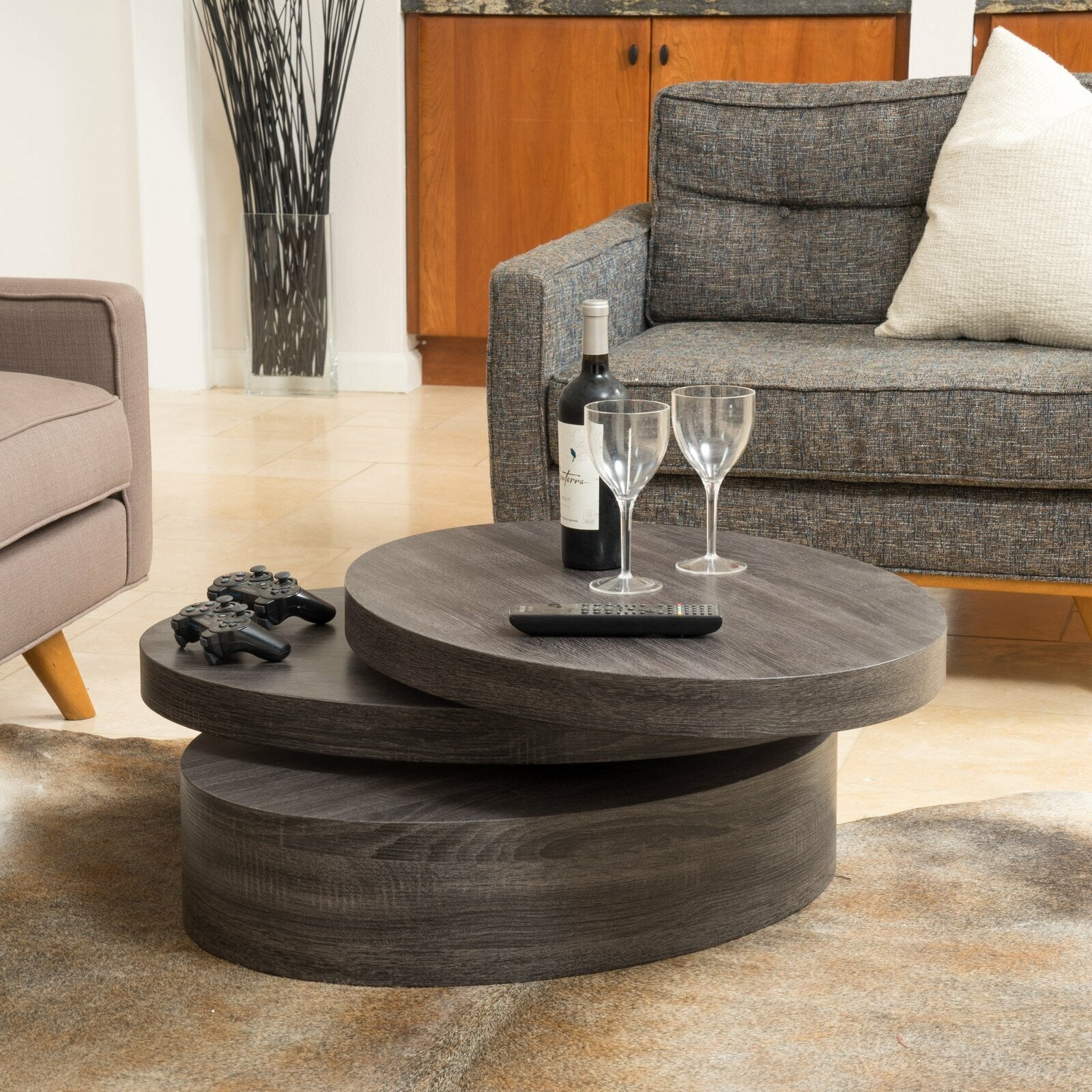 Black Oval 3-Level Rotatable Coffee Table in Contemporary Design