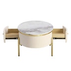 Table basse ovale blanche avec plateau en faux marbre et 2 grands tiroirs