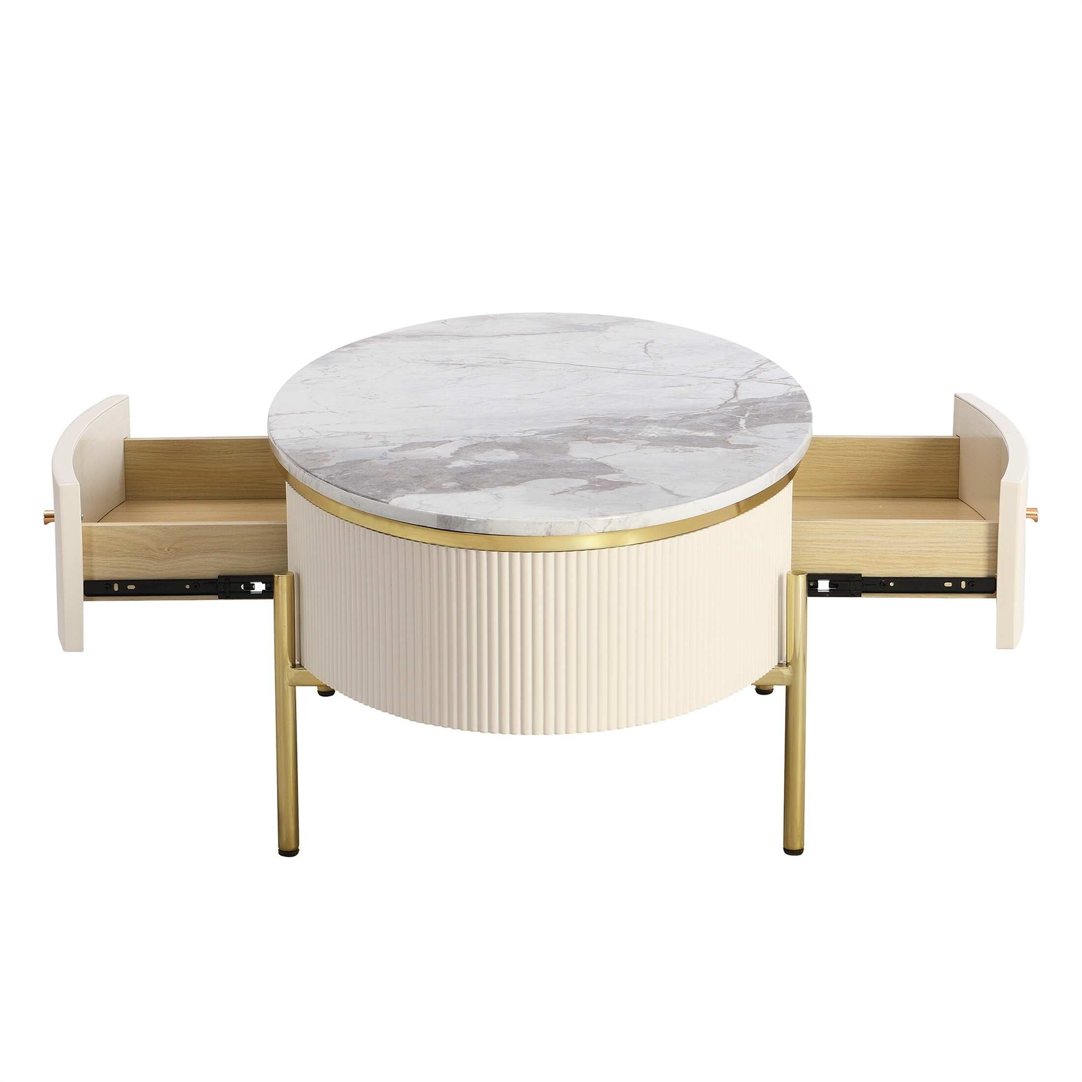 Table basse ovale blanche avec plateau en faux marbre et 2 grands tiroirs