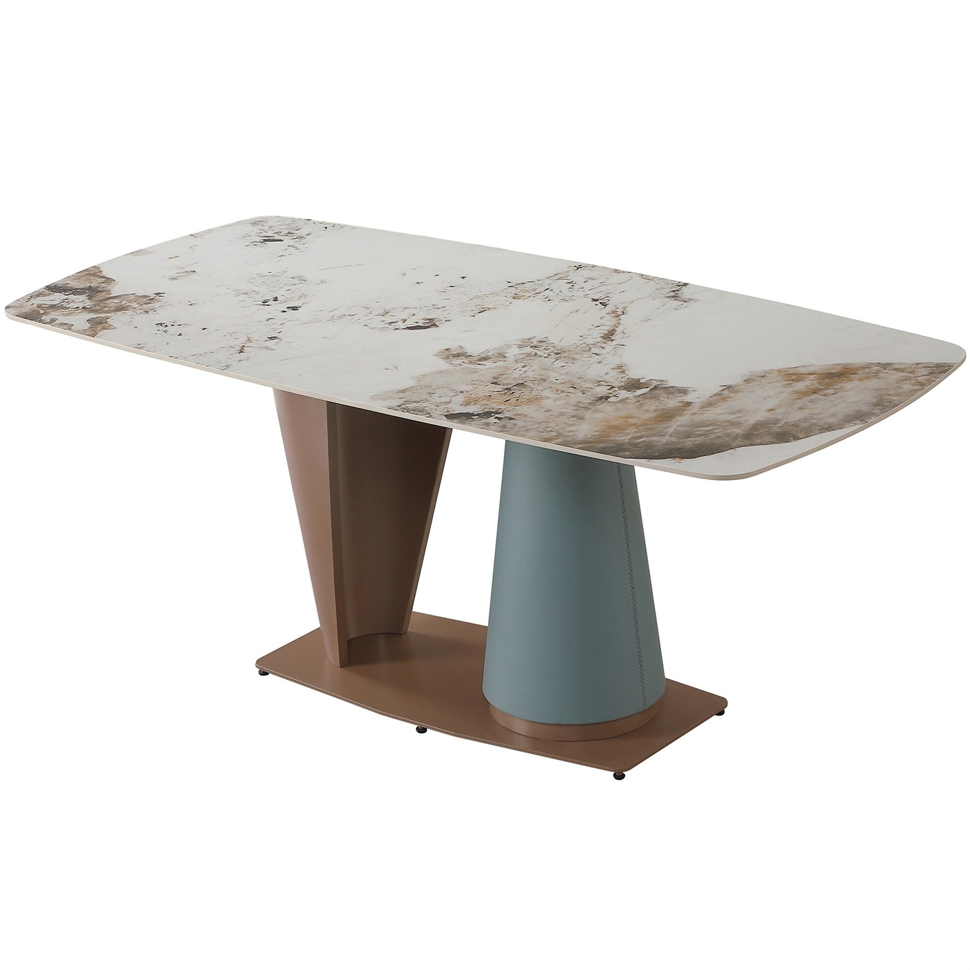Table de salle à manger rectangulaire en pierre frittée avec pied central conique champagne et bleu