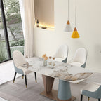 Table de salle à manger rectangulaire en pierre frittée avec pied central conique champagne et bleu