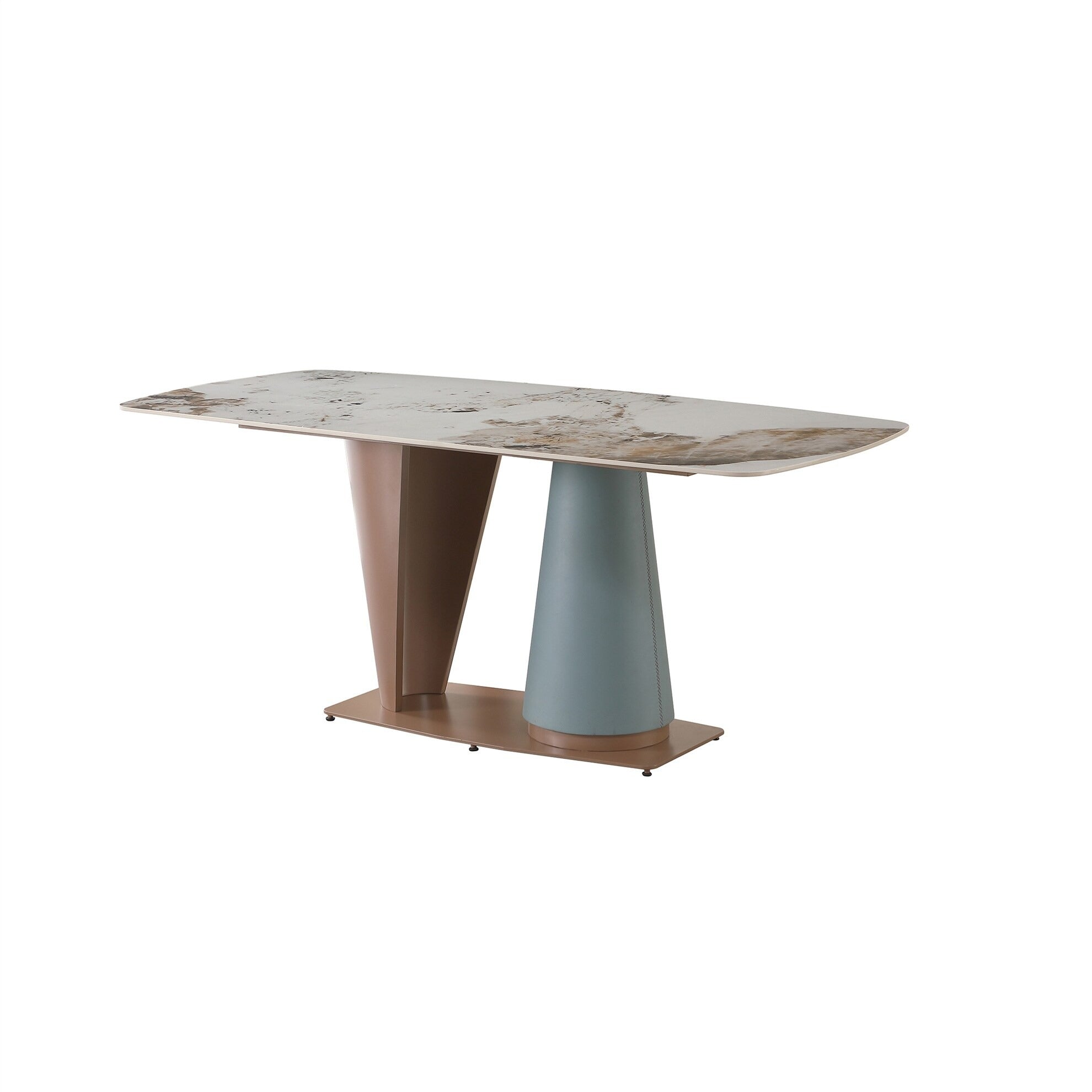 Table de salle à manger rectangulaire en pierre frittée avec pied central conique champagne et bleu