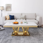 Rechteckiger Couchtisch mit weißer Marmorplatte und doppelten Beinen aus goldfarbenem Edelstahl