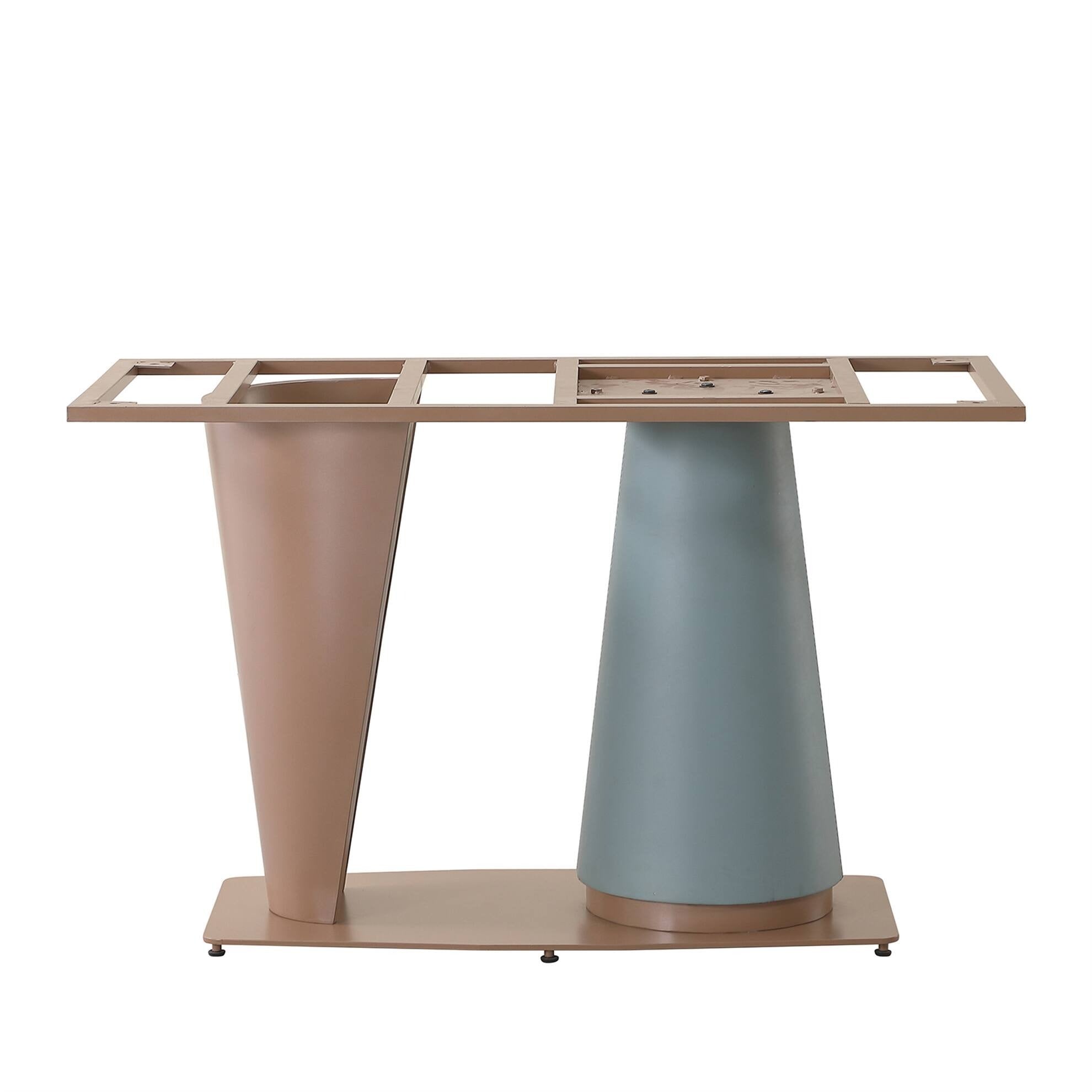 Table de salle à manger rectangulaire en pierre frittée avec pied central conique champagne et bleu