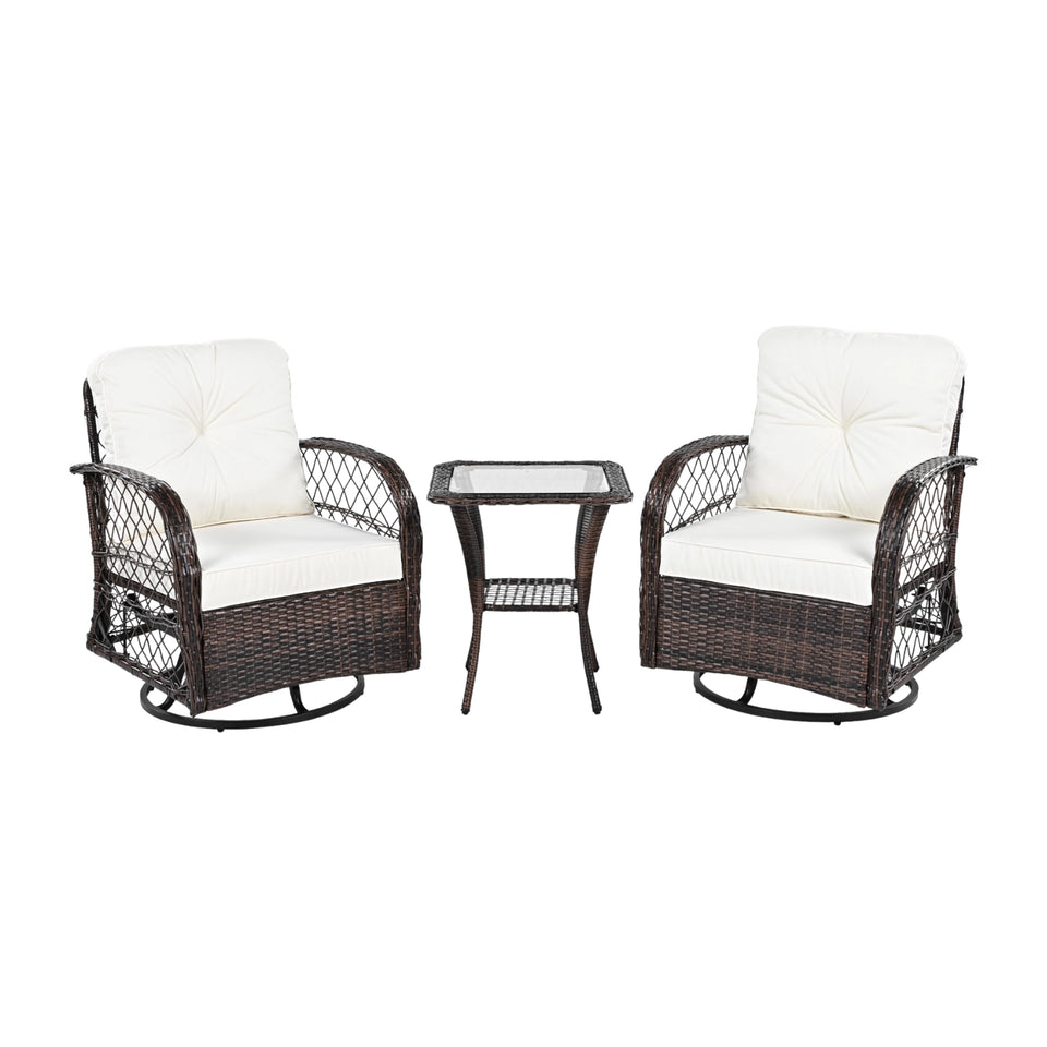 3-teiliges Rattan-Gartenmöbelset in Braun &amp; Weiß – 2 Drehstühle &amp; Glastisch