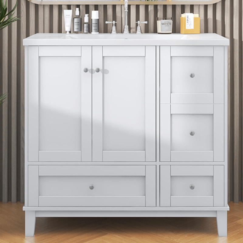 Meuble-lavabo blanc moderne avec chargeur USB, tiroirs et lavabo