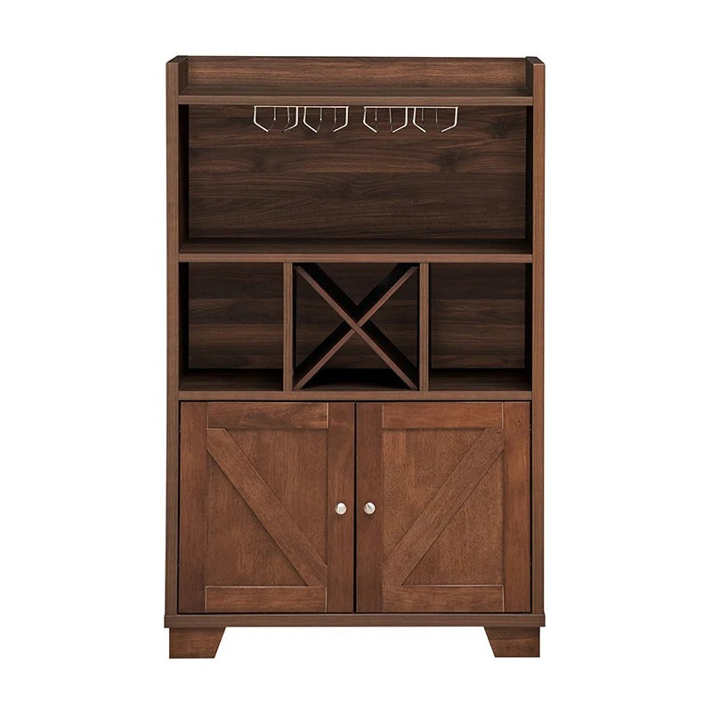 Farmhouse wooden wine cabinet with X-shaped wine rack and glass holder storage - Elirian