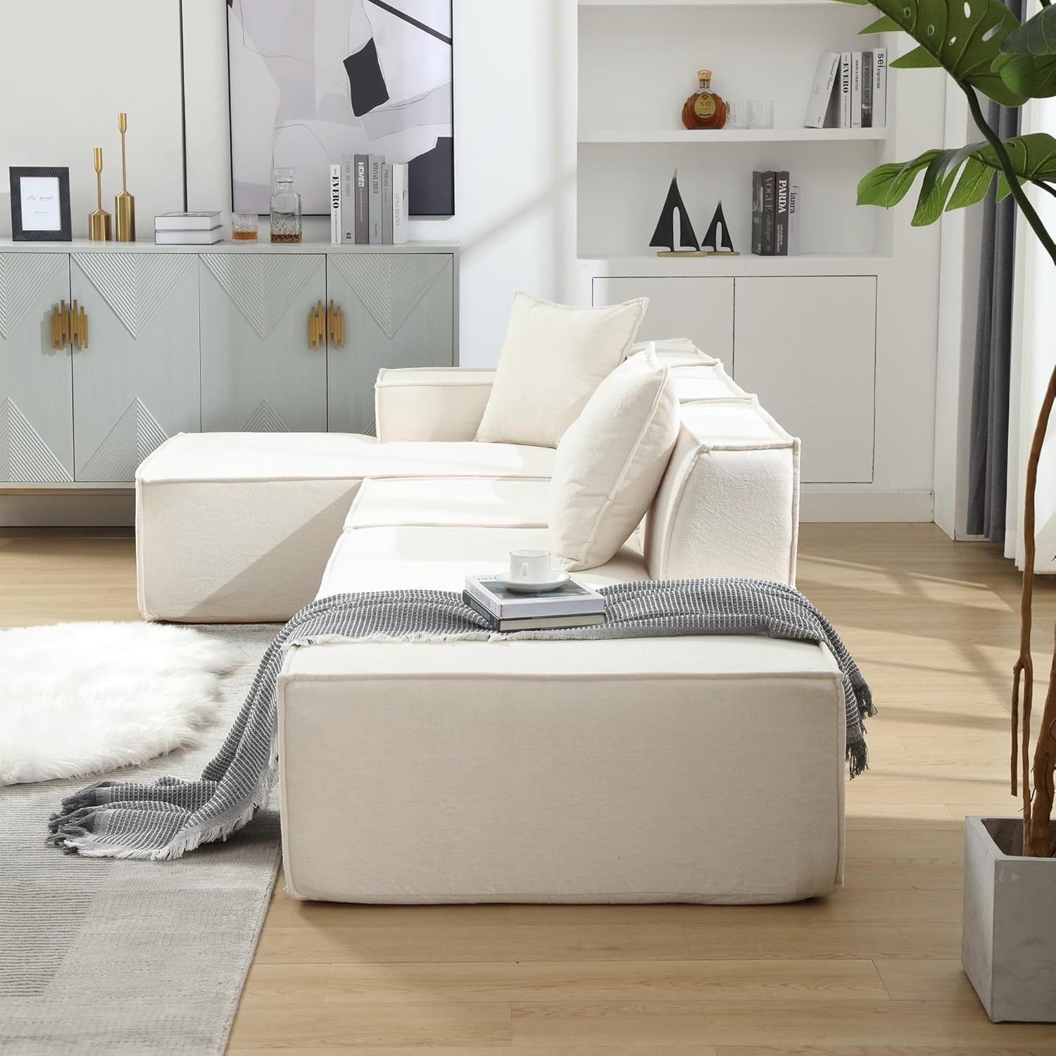 Modern Beige L-Shaped Sectional Tofu Block Sofa - Left-Hand Facing Chaise