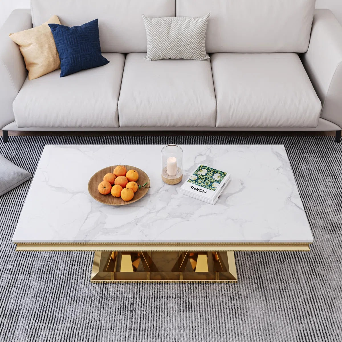 Rechteckiger Couchtisch mit weißer Marmorplatte und doppelten Beinen aus goldfarbenem Edelstahl