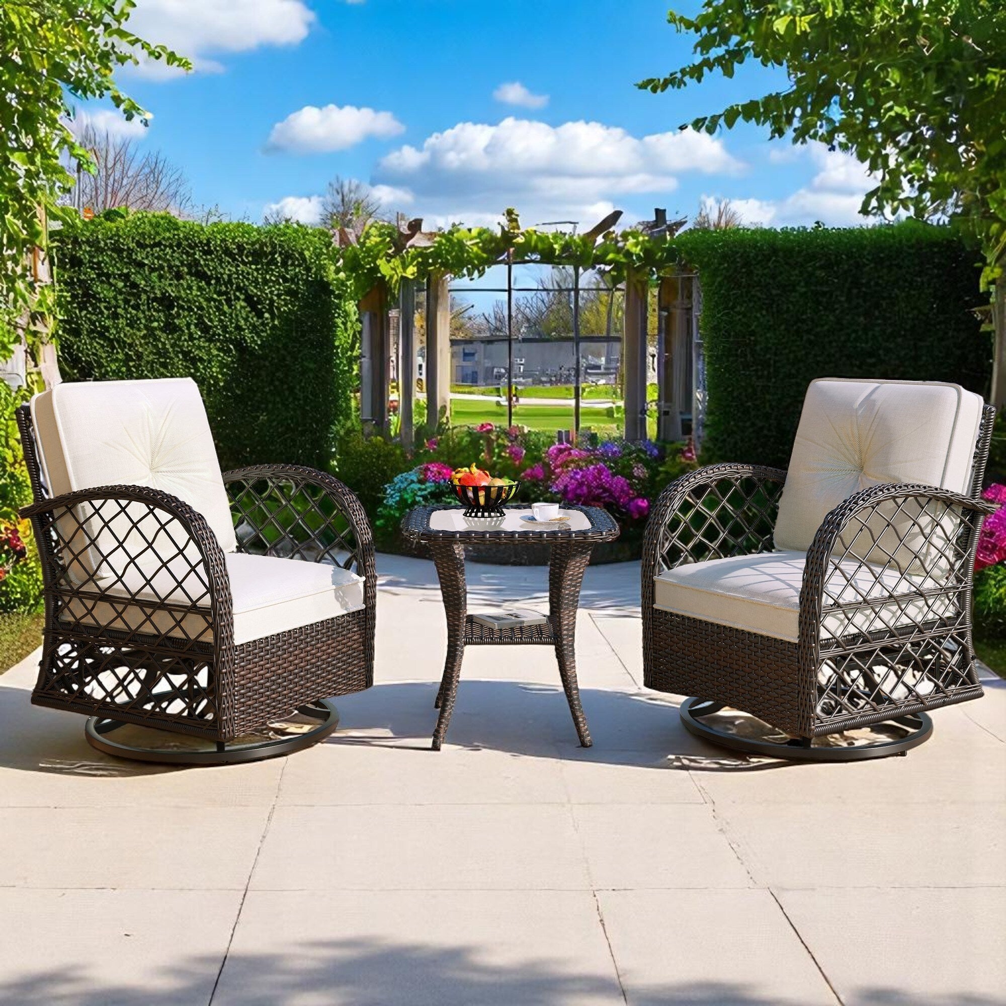 3-Piece Rattan Patio Set in Brown & White - 2 Swivel Chairs & Glass Table