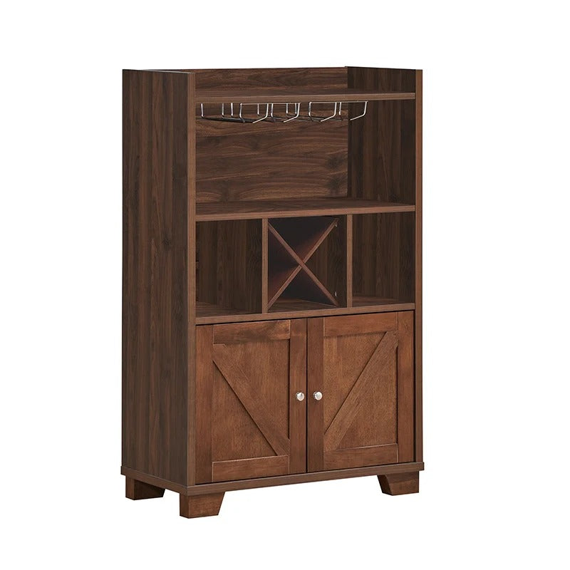 Farmhouse wooden wine cabinet with X-shaped rack and glass holder storage - Elirian